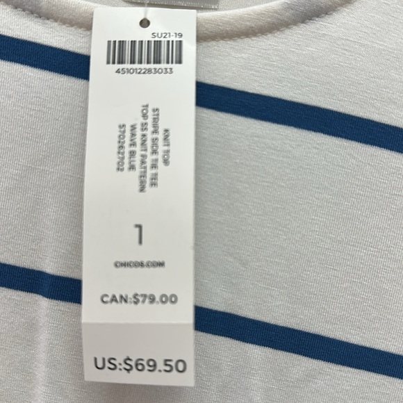 Chico’s Soft Stretchy Blue White Striped asymmetrical shirt-Size 1 (M) NWT - Picture 2 of 4
